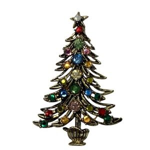 Hollycraft vintage brooch rhinestone antiqued gold-tone Christmas tree pin.